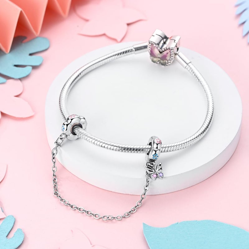 Parmuz 925 Sterling silver Safety Chain Charm Dangle Pendants Clip Beads for Bracelet Love Butterfly Evil Eye Stopper Spacer Charm for Woman - Image 1